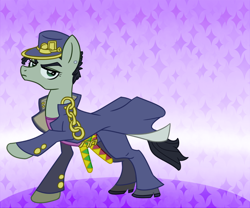 Size: 900x750 | Tagged: safe, artist:awbt, pony, abstract background, chains, clothes, hat, hoof shoes, jacket, jojo's bizarre adventure, jotaro kujo, male, ponified, raised hoof, solo, stallion