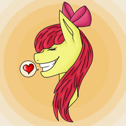 Size: 1280x1280 | Tagged: safe, artist:blackshadowheart312, apple bloom, earth pony, pony, g4, female, filly, grin, heart, smiling, solo