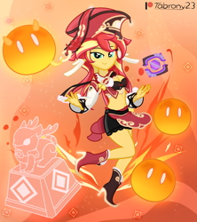 Size: 1755x1973 | Tagged: safe, artist:tabrony23, sunset shimmer, equestria girls, g4, bedroom eyes, boots, clothes, cosplay, costume, cute, female, fiery shimmer, fire, genshin impact, hat, high heels, looking at you, magic, patreon, patreon logo, sexy, shoes, show accurate, slimes (genshin impact), smiling, smiling at you, solo, yanfei (genshin impact)