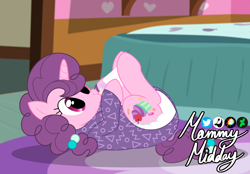 Size: 2360x1640 | Tagged: safe, artist:mommymidday, sugar belle, pony, unicorn, g4, abdl, adult foal, baby bottle, bottle, clothes, cute, cutie mark, diaper, diaper fetish, diaper under clothes, drinking, fetish, hair accessory, lying down, milk, non-baby in diaper, onesie, poofy diaper, show accurate, signature, solo
