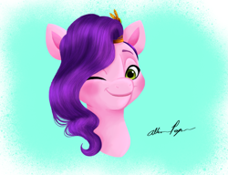 Size: 1869x1434 | Tagged: safe, artist:allisonpopick, pipp petals, pegasus, pony, g5, my little pony: a new generation, spoiler:my little pony: a new generation, bust, female, mare, one eye closed, solo, wink