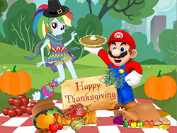 Size: 2000x1500 | Tagged: safe, artist:iscord, artist:sugar-loop, artist:user15432, rainbow dash, bird, human, turkey, equestria girls, g4, apple, black hat, bread, cheese, cooked, crossover, crossover shipping, duo, female, food, grapes, happy thanksgiving 2021, hat, holiday, male, maridash, mario, nintendo, pear, pie, pilgrim hat, pumpkin, pumpkin pie, straight, super mario bros., thanksgiving, tomato