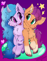 Size: 1980x2592 | Tagged: safe, artist:nehirertan07, izzy moonbow, sunny starscout, earth pony, pony, unicorn, g5, my little pony: a new generation, cheek fluff, cheek squish, chest fluff, curved horn, cute, ear fluff, excessive fluff, eye contact, female, fluffy, heart, hoof fluff, horn, izzybetes, leg fluff, looking at each other, looking at someone, mare, messy mane, neck fluff, purple background, raised hoof, shoulder fluff, side by side, simple background, smiling, squishy cheeks, stars, sunnybetes, unshorn fetlocks