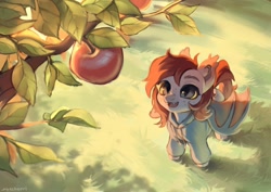 Size: 2560x1810 | Tagged: source needed, useless source url, safe, artist:myscherri, oc, oc only, bat pony, pony, apple, apple tree, clothes, food, happy, hoodie, looking at something, looking up, smiling, solo, spread wings, tree, wings