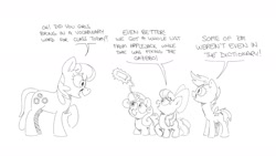 Size: 1600x900 | Tagged: safe, artist:mellodillo, apple bloom, cheerilee, scootaloo, sweetie belle, earth pony, pegasus, pony, unicorn, g4, black and white, cutie mark crusaders, dialogue, female, filly, grayscale, implied applejack, implied swearing, levitation, magic, mare, monochrome, sketch, telekinesis