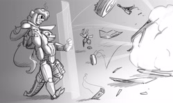 Size: 5000x3000 | Tagged: safe, artist:captainhoers, oc, oc only, dragon, pony, unicorn, anthro, cyberpunk, dragon oc, explosion, force field, grayscale, holding a pony, monochrome, nighthaze, non-pony oc, shield