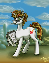 Size: 1024x1326 | Tagged: safe, artist:amalgamzaku, oc, oc only, oc:sweet strokes, pony, unicorn, glasses, male, mouth hold, notepad, pencil, solo, stallion