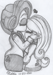 Size: 982x1369 | Tagged: safe, artist:rtonart, fluttershy, rarity, human, g4, clothes, eyes closed, female, forehead kiss, grayscale, heart, height difference, humanized, kissing, lesbian, monochrome, pencil drawing, ship:flarity, shipping, skirt, sweater, sweatershy, traditional art