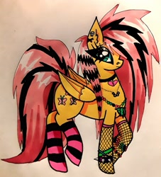 Size: 2363x2600 | Tagged: safe, artist:kandijoneko, fluttershy, pegasus, pony, g4, alternate hairstyle, choker, chokershy, clothes, ear piercing, earring, emoshy, female, fishnet stockings, high res, jewelry, mare, piercing, socks, solo, spiked wristband, striped socks, traditional art, wristband