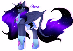 Size: 2901x2037 | Tagged: safe, artist:krissograph, princess luna, alicorn, pony, g4, alternate universe, blue eyes, blue mane, blue tail, colored pupils, crown, ethereal mane, feather, female, flowing mane, flowing tail, folded wings, gem, high res, hoof shoes, horn, jewelry, looking at you, regalia, signature, simple background, solo, starry mane, starry tail, stars, tail, white background, wings