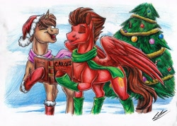 Size: 3474x2479 | Tagged: safe, artist:lupiarts, oc, oc only, oc:heroic armour, oc:slide fortissimo, pegasus, pony, unicorn, book, christmas, christmas ornament, christmas tree, clothes, decoration, hat, high res, holiday, santa hat, singing, socks, traditional art, tree