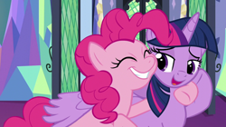 Size: 1018x570 | Tagged: safe, artist:queenderpyturtle, edit, edited screencap, screencap, pinkie pie, twilight sparkle, alicorn, pony, g4, duo, duo female, female, hug, lesbian, ship:twinkie, shipping, twilight sparkle (alicorn), twilight's castle, winghug, wings