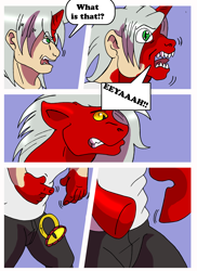 Size: 2550x3509 | Tagged: safe, artist:rex-equinox, oc, oc only, oc:draco scales, dracony, dragon, human, hybrid, comic:draco's eye, comic, high res, human to pony, male, open mouth, transformation, trinket