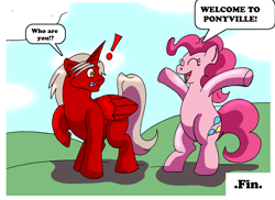 Size: 3509x2550 | Tagged: safe, artist:rex-equinox, pinkie pie, oc, oc:draco scales, alicorn, dracony, dragon, earth pony, hybrid, pony, comic:draco's eye, g4, alicorn oc, bipedal, comic, exclamation point, eyes closed, gritted teeth, high res, horn, human to pony, male, open mouth, open smile, smiling, transformation, wings