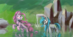 Size: 2323x1170 | Tagged: safe, artist:elisdoominika, pinkie pie, oc, oc:sweet elis, earth pony, pony, g4, blushing, canon x oc, jumping, lake, nature, scenery, sketch, smiling, soft color, standing on two hooves, water, waterfall