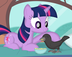 Size: 3514x2811 | Tagged: safe, artist:porygon2z, twilight sparkle, oc, oc:sabrina, bird, crow, pony, unicorn, g4, duo, duo female, eyes closed, female, golden oaks library, high res, lying down, petting, prone, unicorn twilight