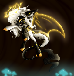 Size: 4400x4500 | Tagged: safe, artist:beamybutt, pony, artificial wings, augmented, bat wings, ear fluff, flying, halo, magic, magic wings, rearing, solo, wings