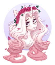 Size: 3200x3800 | Tagged: safe, artist:avroras_world, oc, oc only, alicorn, pony, alicorn oc, blushing, bust, commission, curly hair, female, flower, flower in hair, high res, horn, looking at you, mare, petals, rose, simple background, smiling, smiling at you, solo, white background, wings