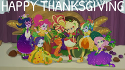 Size: 1280x720 | Tagged: safe, edit, edited screencap, editor:quoterific, screencap, applejack, fluttershy, pinkie pie, rainbow dash, rarity, sci-twi, sunset shimmer, twilight sparkle, equestria girls, equestria girls series, g4, holidays unwrapped, o come all ye squashful, spoiler:eqg series (season 2), converse, cornucopia costumes, crossed arms, female, happy thanksgiving 2021, holiday, humane five, humane seven, humane six, inflatable dress, looking at each other, open mouth, open smile, shoes, smiling, smiling at each other, thanksgiving