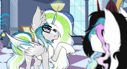 Size: 925x500 | Tagged: safe, artist:beamybutt, oc, oc only, alicorn, pony, alicorn oc, duo, ear fluff, ethereal mane, horn, indoors, male, raised hoof, stallion, starry mane, wings