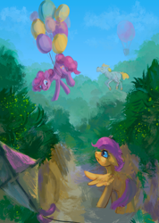 Size: 3162x4430 | Tagged: safe, artist:yarugreat, bulk biceps, pinkie pie, scootaloo, earth pony, pegasus, pony, tabun art-battle, g4, balloon, floating, scootaloo can't fly, scootaloo is not amused, then watch her balloons lift her up to the sky, unamused