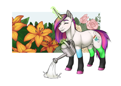 Size: 1861x1324 | Tagged: safe, artist:royvdhel-art, oc, oc only, pony, unicorn, colored hooves, flower, glowing, glowing horn, horn, magic, outdoors, simple background, solo, telekinesis, unicorn oc, watering can, white background
