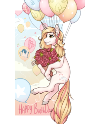 Size: 1379x2000 | Tagged: safe, artist:royvdhel-art, oc, oc only, pony, unicorn, balloon, bouquet, floating, flower, flying, happy birthday, horn, then watch her balloons lift her up to the sky, unicorn oc