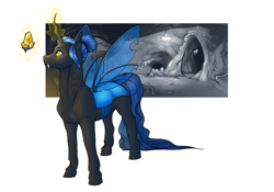 Size: 1762x1236 | Tagged: safe, artist:royvdhel-art, oc, oc only, changeling queen, pony, blue changeling, cave, changeling queen oc, glowing, glowing horn, hair bun, horn, magic, simple background, solo, telekinesis, white background