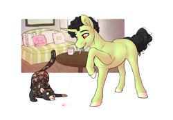 Size: 1666x1161 | Tagged: safe, artist:royvdhel-art, oc, oc only, oc:engibee, cat, pony, unicorn, colored hooves, couch, face down ass up, horn, laser pointer, mouth hold, raised hoof, simple background, unicorn oc, white background
