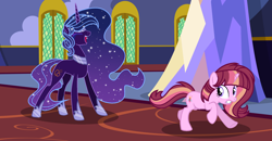 Size: 2300x1200 | Tagged: safe, artist:just-silvushka, oc, oc only, oc:daydream glimmer, oc:enigma, pony, base used, ethereal mane, eyelashes, female, hoof shoes, laughing, mare, nightmarified, peytral, running, scared, starry mane