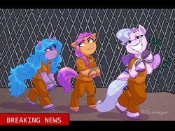 Size: 1280x956 | Tagged: safe, artist:croxovergoddess, izzy moonbow, queen haven, sunny starscout, earth pony, pegasus, pony, unicorn, g5, my little pony: a new generation, bad end, bipedal, clothes, cuffs, frustrated, prison outfit, prisoner, prisoner im, prisoner ss, varying degrees of want