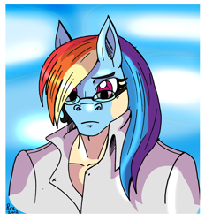 Size: 2184x2353 | Tagged: safe, artist:rex-equinox, rainbow dash, human, g4, clothes, coat, glasses, high res, human to pony, light skin, mid-transformation, rainbow dork, rule 63, solo, transformation, transgender transformation