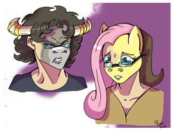 Size: 2989x2274 | Tagged: safe, artist:rex-equinox, fluttershy, bull, human, g4, bust, duo, eyes closed, furry, glasses, gritted teeth, high res, human to pony, transformation