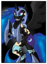 Size: 744x1024 | Tagged: safe, artist:rex-equinox, nightmare moon, alicorn, pony, g4, clothes, grin, human to pony, rearing, smiling, solo, torn clothes, transformation