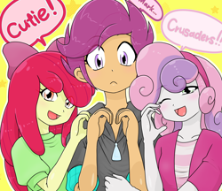 Size: 1480x1280 | Tagged: safe, artist:batipin, apple bloom, scootaloo, sweetie belle, equestria girls, g4, cutie mark crusaders, eye clipping through hair, eyebrows, eyebrows visible through hair, female, one eye closed, open mouth, simple background, speech bubble, trio, yellow background