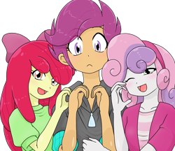 Size: 1480x1280 | Tagged: safe, alternate version, artist:batipin, apple bloom, scootaloo, sweetie belle, equestria girls, g4, cutie mark crusaders, female, one eye closed, open mouth, simple background, speech bubble, transparent background, trio