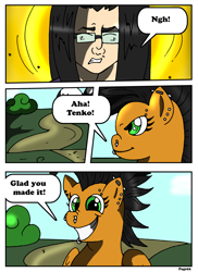 Size: 2000x2752 | Tagged: safe, artist:rex-equinox, oc, human, pegasus, pony, comic:come to the rainbow side, comic, eyes closed, glasses, grin, gritted teeth, high res, human to pony, piercing, smiling, transformation