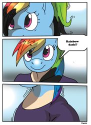 Size: 2000x2752 | Tagged: safe, artist:rex-equinox, rainbow dash, human, pony, comic:come to the rainbow side, g4, comic, high res, human to pony, smiling, transformation