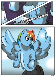 Size: 2000x2752 | Tagged: safe, artist:rex-equinox, rainbow dash, pegasus, pony, comic:come to the rainbow side, g4, clothes, comic, high res, human to pony, looking back, ripping clothes, smiling, transformation