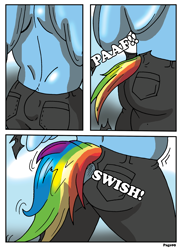 Size: 2000x2752 | Tagged: safe, artist:rex-equinox, rainbow dash, pegasus, pony, comic:come to the rainbow side, g4, clothes, comic, high res, human to pony, ripping clothes, tail, transformation