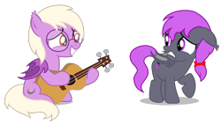 Size: 6250x3520 | Tagged: safe, artist:strategypony, oc, oc only, oc:nocturnal grapes, oc:pinkfull night, bat pony, pony, absurd resolution, bat pony oc, bat wings, duo, duo female, ear fluff, ear tufts, eye contact, female, filly, floppy ears, folded wings, frown, full body, glasses, grin, guitar, looking at each other, musical instrument, nervous, purple eyes, purple mane, purple tail, raised hoof, red eyes, shadow, show accurate, simple background, sitting, smiling, standing, tail, teeth, transparent background, wings, younger