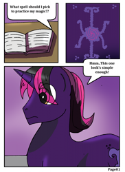 Size: 744x1024 | Tagged: safe, artist:rex-equinox, oc, oc only, oc:dark star, pony, unicorn, book, comic, imminent transformation, male, male to female, rule 63, spellbook, stallion, transformation, transgender transformation