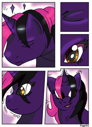 Size: 744x1024 | Tagged: safe, artist:rex-equinox, oc, oc only, oc:dark star, pony, unicorn, comic, eye clipping through hair, male to female, rule 63, transformation, transgender transformation