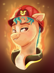 Size: 625x846 | Tagged: safe, artist:avui, hitch trailblazer, earth pony, pony, g5, bust, fire, firefighter, male, popping, solo, stallion