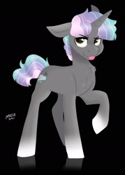 Size: 1428x1996 | Tagged: safe, artist:moccabliss, oc, oc only, oc:nimbus blitz, pony, unicorn, black background, male, raised hoof, simple background, solo, stallion, tongue out