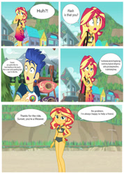 Size: 754x1060 | Tagged: safe, artist:demonmanofdarkness, artist:diegator007, edit, edited screencap, screencap, flash sentry, sunset shimmer, equestria girls, equestria girls specials, g4, my little pony equestria girls: better together, my little pony equestria girls: forgotten friendship, bikini, clothes, comic, female, male, micro, open mouth, purse, sarong, screencap comic, ship:flashimmer, shipping, shocked, speech bubble, straight, sunset shimmer's beach shorts swimsuit, swimsuit
