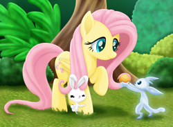 Size: 1862x1373 | Tagged: safe, artist:lifesharbinger, angel bunny, fluttershy, pegasus, pony, rabbit, g4, animal, crossover, cute, female, fluttershy day, folded wings, food, forest, giving, jealous, looking at each other, looking at someone, mare, orange, ori, ori and the blind forest, ori and the will of the wisps, outdoors, raised hoof, shyabetes, smiling, suspicious, trio, wings