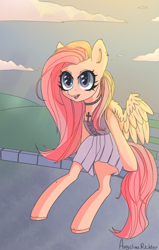 Size: 2232x3508 | Tagged: safe, artist:angelinarichter, fluttershy, pegasus, pony, g4, bench, bipedal, catchlights, choker, chokershy, clothes, crepuscular rays, cross, e-girl, ear piercing, female, goth, heart eyes, high res, mare, open mouth, outdoors, piercing, sitting, skirt, solo, spread wings, stray strand, three quarter view, wingding eyes, wings