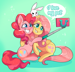 Size: 3073x2943 | Tagged: safe, artist:dymitre, angel bunny, fluttershy, pinkie pie, earth pony, pegasus, pony, rabbit, g4, animal, beanbrows, emanata, eyebrows, female, folded wings, grin, gritted teeth, heart eyes, high res, hoof hold, hug, looking at something, mare, phone, selfie, selfie stick, sitting, sitting on head, smiling, sparkles, speech bubble, trio, wingding eyes, wings