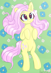 Size: 2480x3508 | Tagged: safe, artist:angelinarichter, fluttershy, butterfly, pegasus, pony, g4, cute, female, flower, flower field, high res, hooves to the chest, looking at something, looking up, lying down, mare, on back, shyabetes, solo